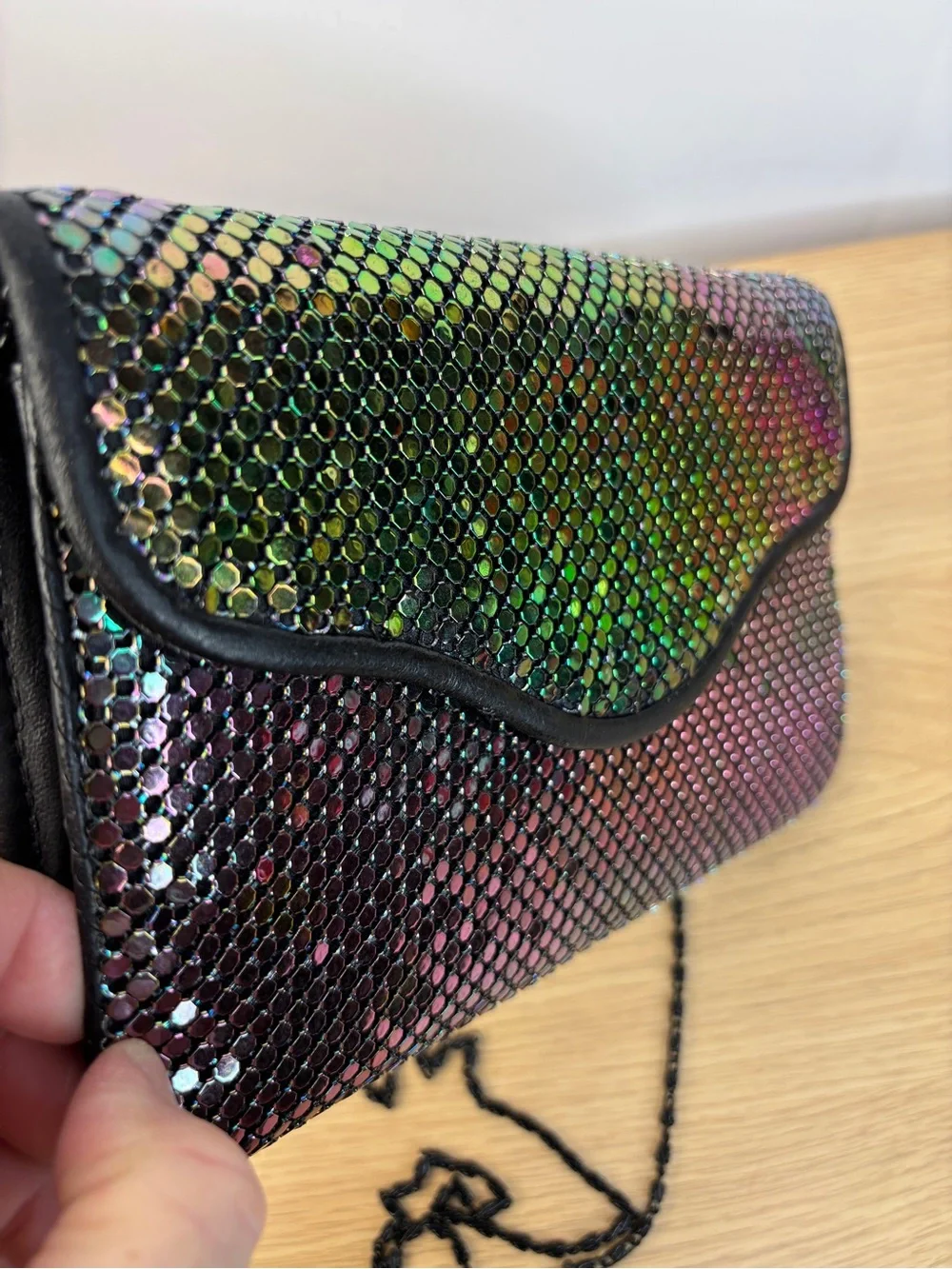 Metal Mesh Iridescent‎ Envelope Clutch With Chain